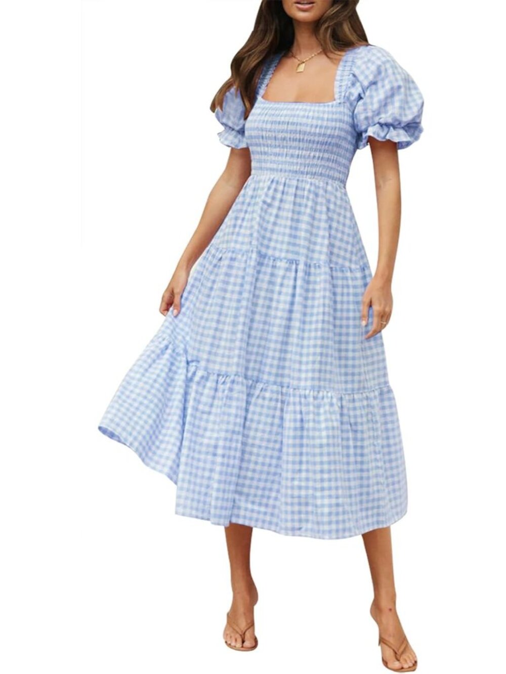 Women’s Summer Boho Gingham Puff Sleeve Midi Dress
